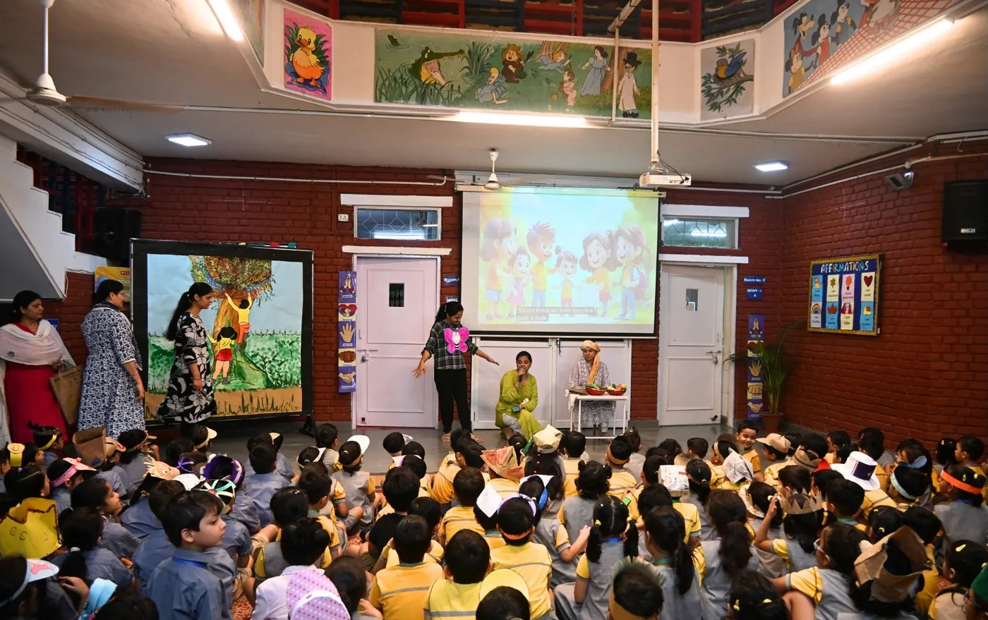 Children gathered for an interactive school presentation