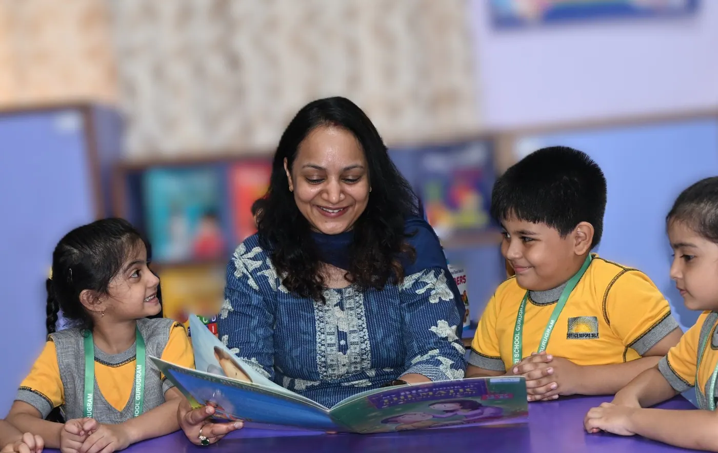 A teacher reading with young learners
