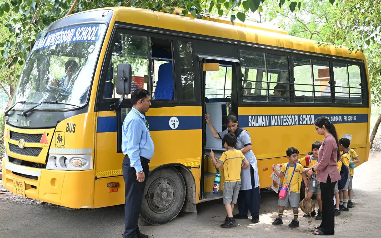 Children boarding the GPS-enabled school bus